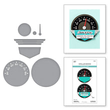 Load image into Gallery viewer, Set of 8 metal dies makes a detailed speedometer with a label design to add phrases for any occasion. Available at Embellish Away in Bowmanville Ontario Canada.