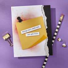 Load image into Gallery viewer, Push Pin Notes Etched Dies is from the Take Note Collection and includes five thin metal cutting die. Available at Embellish Away located in Bowmanville Ontario Canada. Example by brand ambassador.