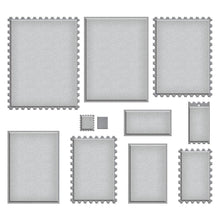 Load image into Gallery viewer, Spellbinders - Etched Dies - Nested Postage Labels & Tag. The Nested Postage Labels & Tag Etched Dies from the Bayfair Collection is a set of 11 thin metal nesting dies for creating postage stamp designs in a variety of sizes. Available at Embellish Away located in Bowmanville Ontario Canada.
