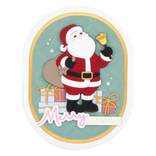 Load image into Gallery viewer, Spellbinders - Etched Dies - Santa's Here! Santa's Here! Etched dies are part of the Classic Christmas Collection by Spellbinders. This set of eight thin metal dies creates a jolly ole Santa with his bag full of gifts. Available at Embellish Away located in Bowmanville Ontario Canada. Example by brand ambassador.