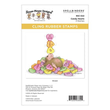 Load image into Gallery viewer, Spellbinders - House Mouse - Cling Rubber Stamp - Candy Hearts. This set is part of the House-Mouse Designs Everyday Collection with a set of three stamps. Playful Mudpie lies on a pile of candy hearts while juggling a few on her nose. Available at Embellish Away located in Bowmanville Ontario Canada.