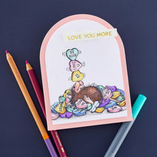 Load image into Gallery viewer, Spellbinders - House Mouse - Cling Rubber Stamp - Candy Hearts. This set is part of the House-Mouse Designs Everyday Collection with a set of three stamps. Playful Mudpie lies on a pile of candy hearts while juggling a few on her nose. Available at Embellish Away located in Bowmanville Ontario Canada. Example by brand ambassador.