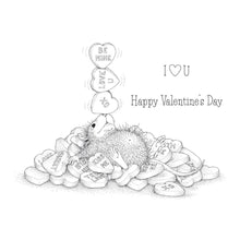 Load image into Gallery viewer, Spellbinders - House Mouse - Cling Rubber Stamp - Candy Hearts. This set is part of the House-Mouse Designs Everyday Collection with a set of three stamps. Playful Mudpie lies on a pile of candy hearts while juggling a few on her nose. Available at Embellish Away located in Bowmanville Ontario Canada. Example by brand ambassador.