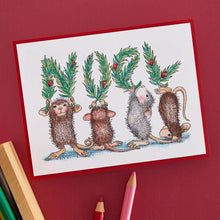 Charger l'image dans la galerie, Spellbinders - House Mouse - Cling Rubber Stamp - Noel. Noel Cling Rubber Stamp Set is part of the from House-Mouse Designs Holiday Collection with a set of two stamps. This line up of playful mice spells out a leafy NOEL accented with holiday berries. Available at Embellish Away located in Bowmanville Ontario Canada. Example by brand ambassador.