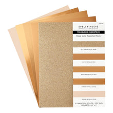 Load image into Gallery viewer, Spellbinders - Treasured Cardstock 8.5"X11" - 15/Pkg - Rose Gold. 15 premium cardstock sheets includes 3 sheets each: glitter metallic (100 lb), matte metallic (85 lb), brushed metallic (85 lb), mirror metallic (85 lb), and pearl metallic (92 lb). Available at Embellish Away located in Bowmanville Ontario Canada.