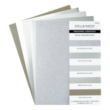Load image into Gallery viewer, Spellbinders - Treasured Cardstock 8.5"X11" - 15/Pkg - Silver. 15 premium cardstock sheets includes 3 sheets each: glitter metallic (100 lb), matte metallic (85 lb), brushed metallic (85 lb), mirror metallic (85 lb), and pearl metallic (92 lb). Available at Embellish Away located in Bowmanville Ontario Canada.