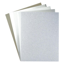 Load image into Gallery viewer, Spellbinders - Treasured Cardstock 8.5"X11" - 15/Pkg - Silver. 15 premium cardstock sheets includes 3 sheets each: glitter metallic (100 lb), matte metallic (85 lb), brushed metallic (85 lb), mirror metallic (85 lb), and pearl metallic (92 lb). Available at Embellish Away located in Bowmanville Ontario Canada.