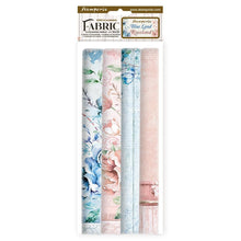 Load image into Gallery viewer, Stamperia - Polyester Fabric 12"X12" - 4/Pkg - Blue and Roseland. This fabric can be sewn by hand or machine, or used with craft glue. It can be washed by hand in cold water. Ready to use on greeting cards, mixed media, altered art and more. Available at Embellish Away located in Bowmanville Ontario Canada.