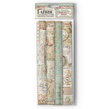 Load image into Gallery viewer, Stamperia - Polyester Fabric 12"X12" - 4/Pkg - Brocante Antiques. This fabric can be sewn by hand or machine, or used with craft glue. It can be washed by hand in cold water. Ready to use on greeting cards, mixed media, altered art and more. Available at Embellish Away located in Bowmanville Ontario Canada.
