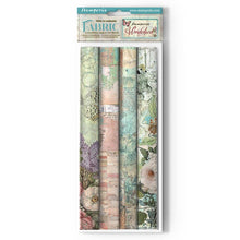 Load image into Gallery viewer, Stamperia - Polyester Fabric 12"X12" - 4/Pkg - Wonderland. This fabric can be sewn by hand or machine, or used with craft glue. It can be washed by hand in cold water. Ready to use on greeting cards, mixed media, altered art and more. Available at Embellish Away located in Bowmanville Ontario Canada.