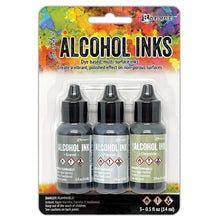 Load image into Gallery viewer, Tim Holtz - Alcohol Ink .5oz - 3/Pkg - Select from Drop Down. The alcohol inks by Ranger are dye based, multi-surface inks. They are acid free, permanent, quick drying and transparent. Available at Embellish Away located in Bowmanville Ontario Canada. Crossroads-Gravel/Flannel/Chronicle
