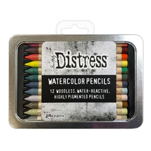 Load image into Gallery viewer, Tim Holtz - Distress Watercolor Pencils 12/Pkg Set 5. These are woodless watercolor pencils formulated to achieve vibrant coloring effects on porous surfaces. Water-reactive pigments are ideal for water coloring, shading, sketching, etc. Available at Embellish Away located in Bowmanville Ontario Canada.