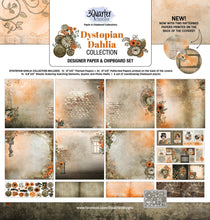 Load image into Gallery viewer, 3Quarter Designs - Dystopia Dahlia Collection. We have included on the back of each kit a series of photos showing a suggested scrapbooking ‘set of 6 layouts created from that particular collection – up to a 3/4 finished stage (thus the name). Available at Embellish Away located in Bowmanville Ontario Canada.
