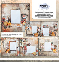 Load image into Gallery viewer, 3Quarter Designs - Dystopia Dahlia Collection. We have included on the back of each kit a series of photos showing a suggested scrapbooking ‘set of 6 layouts created from that particular collection – up to a 3/4 finished stage (thus the name). Available at Embellish Away located in Bowmanville Ontario Canada.