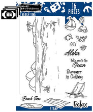 Cargar imagen en el visor de la galería, Brutus Monroe - 6x8 Stamp Set - Beach Time. This 16 piece stamp set includes everything you need to create a fabulous beach scene. Available at Embellish away located in Bowmanville Ontario Canada.