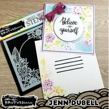 Load image into Gallery viewer, Brutus Monroe - Mixed Media Stencil - Floral Hoop. Made of a high quality plastic that will not wear down with use of a blending tool/sprays/inking. Designs can be used with large format pieces as well as small cards and the pattern will not be lost. Available at Embellish Away located in Bowmanville Ontario Canada. card made by Jenn Dubell.