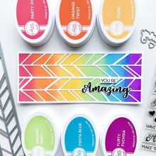 Load image into Gallery viewer, Catherine pooler - Slimline Die - Chevron. Easy to use die with it's classic, repeating chevron pattern, this die will bring beautiful texture to your card background and be lots of fun for inlaid die cut technique lovers. This die is sized to fit our recommended 8.5" x 3.5" base slimline cards. Available at Embellish Away located in Bowmanville Ontario Canada. card Example