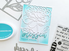 Load image into Gallery viewer, Catherine Pooler - Cover Plate Die - Peony in Bloom. This delicate Peony Cover Plate will be beautiful inlaid or layered over blended soft colors. It will also create a gorgeous background to your card layered white on white and a popped up sentiment. Illustrated by Julie Mogford The Peony in Bloom Cover Plate Die measures 4 1/4 x 5 1/2" and will cover an A2 size card. Tip - Cut it out of heavy weight cardstock or acetate and create your own stencil. Catherine Pooler Dies are made of stainless steel and