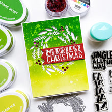 Load image into Gallery viewer, Catherine Pooler - Die - Tree Trimmings. Once you've clipped the tree and made the wreath, you will have a nice collection of Tree Trimmings! This versatile die was created to cut a lovely focal point wreath out of your card layer. Available at Embellish Away located in Bowmanville Ontario Canada. card example by brand ambassador.