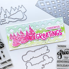 Load image into Gallery viewer, Catherine Pooler - Stamps - Evergreen Woods. Create your own Evergreen Woods with our 6x8 layering stamp set and coordinating Evergreen Woods Dies. This set contains multi-step stamps to "build" a forest of pine trees or an individual tree. The addition of the North Star stamp will bring added warmth to your winter scene or even make a nice holiday tree topper. Available at Embellish Away located in Bowmanville Ontario Canada. Card example made by brand ambassador.