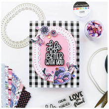 Load image into Gallery viewer, Catherine Pooler - Dies - Fancy Loop. The Fancy Loop Die is a beautiful scalloped frame die. This straight sided oval or "loop" die is a great shape for a standard A2 card front as a feature frame or popped up element. Available at Embellish Away located in Bowmanville Ontario Canada. Example by brand ambassador.