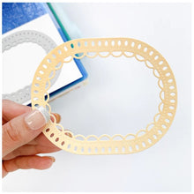 Load image into Gallery viewer, Catherine Pooler - Dies - Fancy Loop. The Fancy Loop Die is a beautiful scalloped frame die. This straight sided oval or "loop" die is a great shape for a standard A2 card front as a feature frame or popped up element. Available at Embellish Away located in Bowmanville Ontario Canada. Example by brand ambassador.