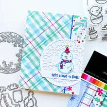 Load image into Gallery viewer, Catherine Pooler - Stamp and Die Set - Snow-rific Party. This stamp and die set is has all the things needed for a winter time party! Each snowman is dressed up for fun and ready to adorn your cards and projects with gifts, cake, balloons and even a sled Available at Embellish Away located in Bowmanville Ontario Canada Card design by brand ambassador.