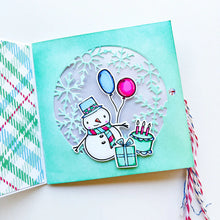 Load image into Gallery viewer, Catherine Pooler - Stamp and Die Set - Snow-rific Party. This stamp and die set is has all the things needed for a winter time party! Each snowman is dressed up for fun and ready to adorn your cards and projects with gifts, cake, balloons and even a sled Available at Embellish Away located in Bowmanville Ontario Canada Card design by brand ambassador.