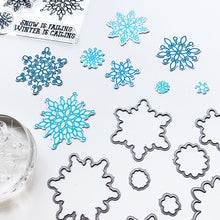 Cargar imagen en el visor de la galería, Catherine Pooler - Dies - Scrolling Snowflakes. Cut out the 8 (eight) different snowflakes from the Scrolling Snowflakes Stamp Set with these Scrolling Snowflakes Dies. Create layers and patterns with all of the different snowflakes. Available at Embellish Away located in Bowmanville Ontario Canada. Die cut example.
