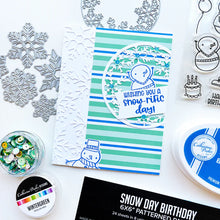 Load image into Gallery viewer, Catherine Pooler - Stamp and Die Set - Snow-rific Party. This stamp and die set is has all the things needed for a winter time party! Each snowman is dressed up for fun and ready to adorn your cards and projects with gifts, cake, balloons and even a sled Available at Embellish Away located in Bowmanville Ontario Canada Card design by brand ambassador.