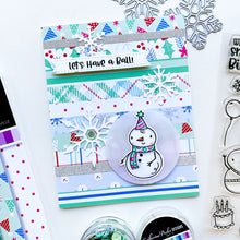 Load image into Gallery viewer, Catherine Pooler - Stamp and Die Set - Snow-rific Party. This stamp and die set is has all the things needed for a winter time party! Each snowman is dressed up for fun and ready to adorn your cards and projects with gifts, cake, balloons and even a sled Available at Embellish Away located in Bowmanville Ontario Canada Card design by brand ambassador.