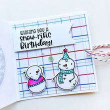 Load image into Gallery viewer, Catherine Pooler - Patterned Paper - Snow Day Birthday. The Snow Day Birthday Patterned Paper combines a frosty color combo with a birthday motif! Snowmen, holly filled florals and party hats are among some of the patterns and prints in this sweet pack. Available at Embellish Away located in Bowmanville Ontario Canada. card example by brand ambassador.