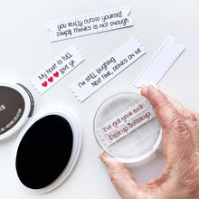 Load image into Gallery viewer, Catherine Pooler - Sentiments Stamp Set - Just Right Duos. Try one line or stack two with the Just Right Duos Sentiments Stamp Set! This fun grouping of sentiments covers a wide range of occasions and works great to create inside/out sentiments too. Available at Embellish Away located in Bowmanville Ontario Canada.