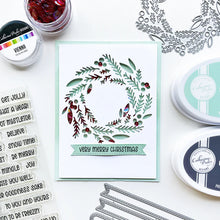 Load image into Gallery viewer, Catherine Pooler - Die - Tree Trimmings. Once you've clipped the tree and made the wreath, you will have a nice collection of Tree Trimmings! This versatile die was created to cut a lovely focal point wreath out of your card layer. Available at Embellish Away located in Bowmanville Ontario Canada. card example by brand ambassador.