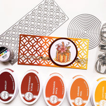 Load image into Gallery viewer, Catherine Pooler - Slimline Die - Sitting Pretty. Like a beautiful woven cane patterned porch seat, the Sitting Pretty Slimline Die will add a textural element of pretty to your next card. This slimline die is formatted to 8.5" x 3.5" base slimline card but can also be added to a traditional card as a background element or even used as a stencil. Available at Embellish Away located in Bowmanville Ontario Canada. Example by Catherine Pooler.