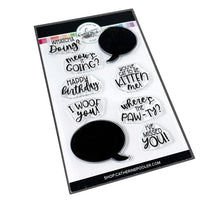 Load image into Gallery viewer, Catherine Pooler - Stamp Set - Look Who's Talking. If your furry friends could talk...what might they say? The cute pet pun messages fit inside in the speech bubbles of the Look Who's Talking Dies! Available at Embellish Away located in Bowmanville Ontario Canada.
