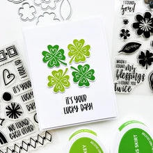 Load image into Gallery viewer, Catherine Pooler - Stamp Set - Lucky Charm. The Lucky Charm Stamp Set is full of little icons and borders for creating fun cards and backgrounds. Pair it with our Lucky Word die and Clovers & Blooms Stamp set for all your friendship card needs. Available at Embellish Away located in Bowmanville Ontario Canada. Card example by brand ambassador.