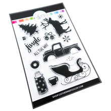 Load image into Gallery viewer, Catherine Pooler - Stamp Set - Sleigh Ride. What could be better then a ride through the snow? With the Sleigh Ride Stamp Set you can ride through the snow in the back of reindeer drawn sleigh and pull your tree from the forest on the back of your pickup truck. Don't forget you thermos of hot cocoa while out in the snow enjoying your day! Available at Embellish Away located in Bowmanville Ontario Canada.