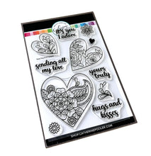 Load image into Gallery viewer, Catherine Pooler - Stamp & Die Set - Yours Truly. Send all your love with the Yours Truly Stamp & Die Set. This set of line-art heart stamps are adorned with floral and paisley patterns. Use one or layer more than one die cut heart on your card. Available at Embellish Away located in Bowmanville Ontario Canada.