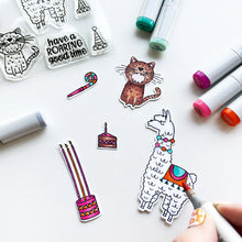 Load image into Gallery viewer, Catherine Pooler - Stamp & Die Set - Birthday Fiesta. Feliz Cumpleaños! It's a Birthday Fiesta and the llama and Jaguar are ready to party! These Peruvian friends can blow out the candles and chop down on some cake. Available at Embellish Away located in Bowmanville Ontario Canada.