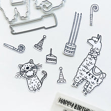 Load image into Gallery viewer, Catherine Pooler - Stamp & Die Set - Birthday Fiesta. Feliz Cumpleaños! It's a Birthday Fiesta and the llama and Jaguar are ready to party! These Peruvian friends can blow out the candles and chop down on some cake. Available at Embellish Away located in Bowmanville Ontario Canada.