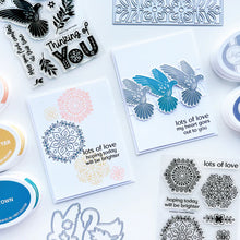 Load image into Gallery viewer, Catherine Pooler - Stamp & Die Set - Peace In Flight. The Peace in Flight Stamp Set features ornately decorated dove and swan stamps to grace your cards. Available at Embellish Away located in Bowmanville Ontario Canada. card example by brand ambassador.