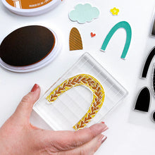 Load image into Gallery viewer, Catherine Pooler - Stamp & Dies Set - Smile Bright. Smile Bright! This 6x8 Stamp Set and coordinating dies are ready for you to piece it together to your hearts content to create a modern, boho rainbow. Available at Embellish Away located in Bowmanville Ontario Canada.