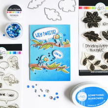 Load image into Gallery viewer, Catherine Pooler - Stamp and Die Set - Hey Tweetie. These super cute Hey Tweetie stamp and dies are great for layering fun with the birdies, speech bubbles and branch. Cut out all the options and play around for some squawking good cards. Available at Embellish Away located in Bowmanville Ontario Canada. Card design by brand ambassador.
