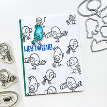Load image into Gallery viewer, Catherine Pooler - Stamp and Die Set - Hey Tweetie. These super cute Hey Tweetie stamp and dies are great for layering fun with the birdies, speech bubbles and branch. Cut out all the options and play around for some squawking good cards. Available at Embellish Away located in Bowmanville Ontario Canada. Card design by brand ambassador.