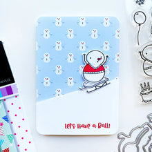 Load image into Gallery viewer, Catherine Pooler - Stamp and Die Set - Snow-rific Party. This stamp and die set is has all the things needed for a winter time party! Each snowman is dressed up for fun and ready to adorn your cards and projects with gifts, cake, balloons and even a sled Available at Embellish Away located in Bowmanville Ontario Canada Card design by brand ambassador.
