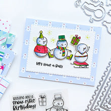 Load image into Gallery viewer, Catherine Pooler - Stamp and Die Set - Snow-rific Party. This stamp and die set is has all the things needed for a winter time party! Each snowman is dressed up for fun and ready to adorn your cards and projects with gifts, cake, balloons and even a sled Available at Embellish Away located in Bowmanville Ontario Canada Card design by brand ambassador.