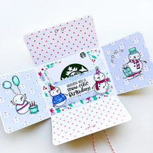 Load image into Gallery viewer, Catherine Pooler - Stamp and Die Set - Snow-rific Party. This stamp and die set is has all the things needed for a winter time party! Each snowman is dressed up for fun and ready to adorn your cards and projects with gifts, cake, balloons and even a sled Available at Embellish Away located in Bowmanville Ontario Canada Card design by brand ambassador.