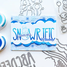 Load image into Gallery viewer, Catherine Pooler - Stamp and Die Set - Snow-rific Party. This stamp and die set is has all the things needed for a winter time party! Each snowman is dressed up for fun and ready to adorn your cards and projects with gifts, cake, balloons and even a sled Available at Embellish Away located in Bowmanville Ontario Canada Card design by brand ambassador.