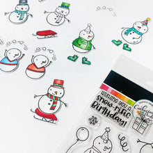 Load image into Gallery viewer, Catherine Pooler - Stamp and Die Set - Snow-rific Party. This stamp and die set is has all the things needed for a winter time party! Each snowman is dressed up for fun and ready to adorn your cards and projects with gifts, cake, balloons and even a sled Available at Embellish Away located in Bowmanville Ontario Canada
